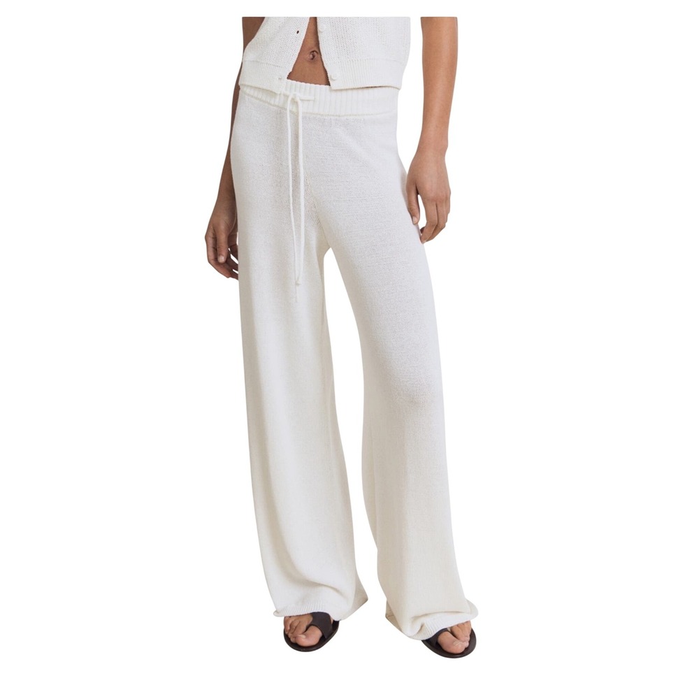 MNG Knit Wide Leg Lounge Pants Cream Drawstring Waist Women's Size S